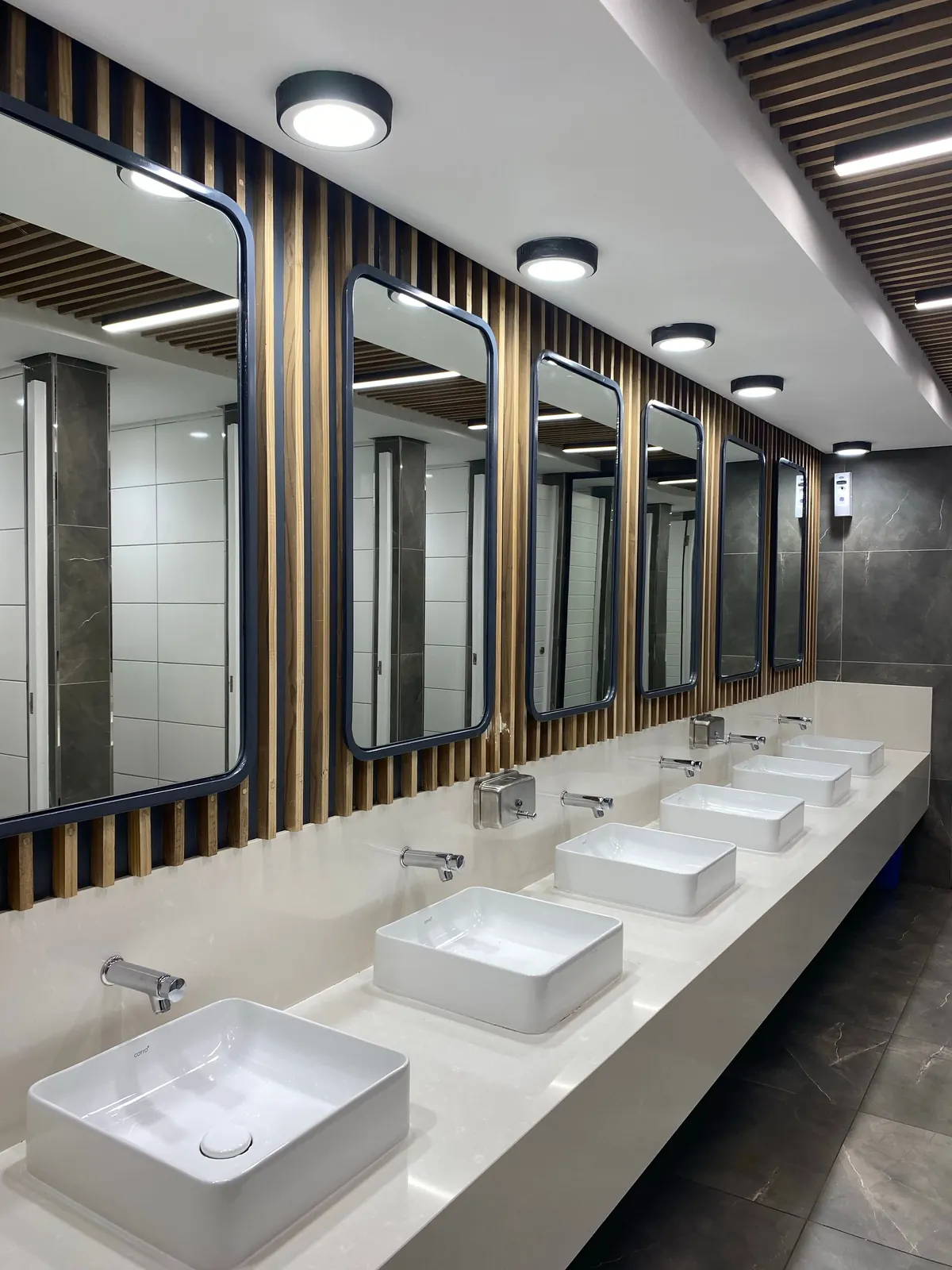 Public washroom with a row of basins and open floor area