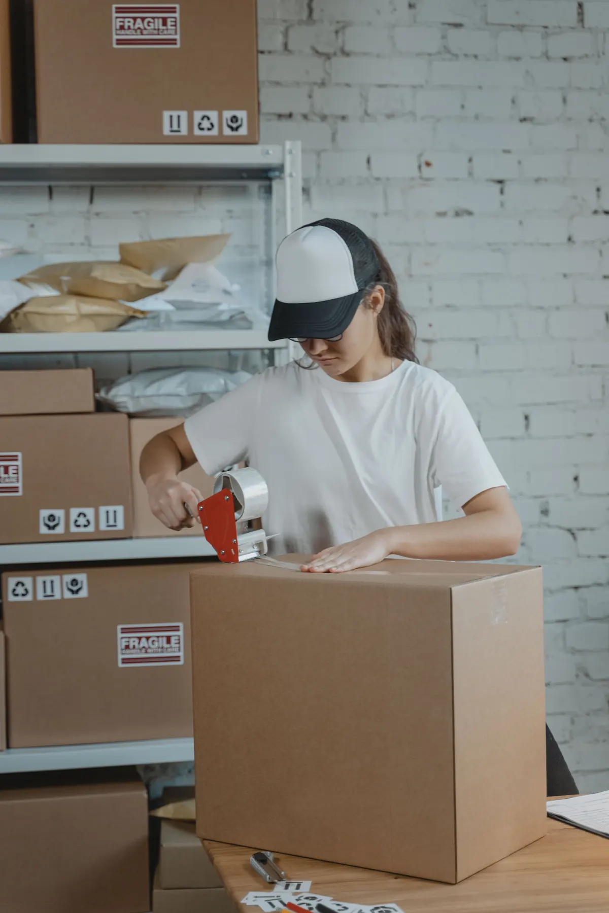 Worker packing labeled cartons for shipment