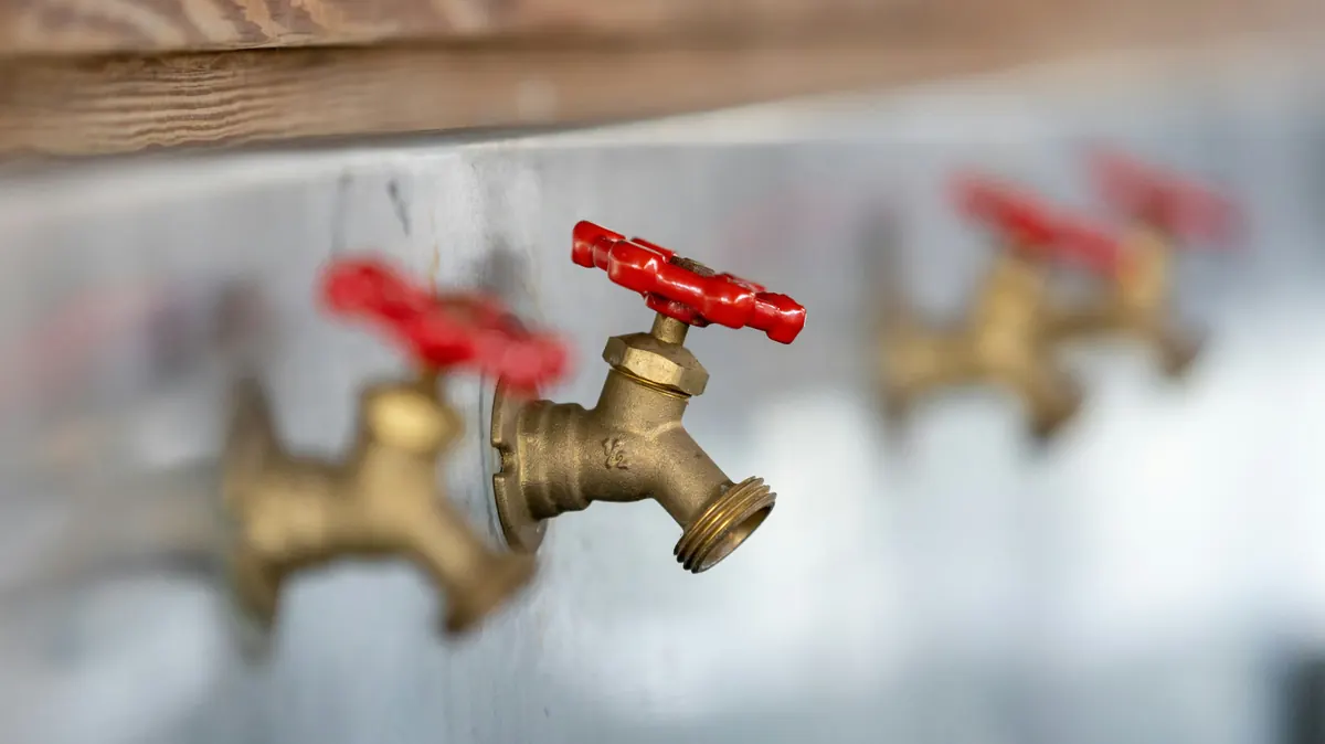 Close-up of brass water valves with red handles