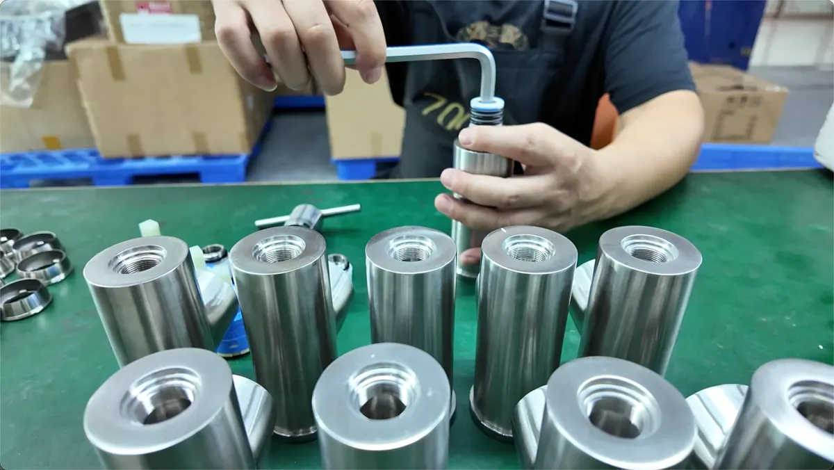 Worker fitting an installation part into a brushed metal bathroom hardware component