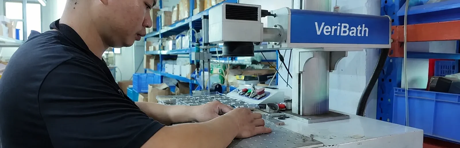 VeriBath technician laser-marking bathroom hardware components at the Foshan factory