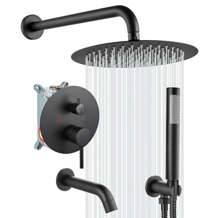 Round Concealed Shower Set with Top Shower and Handheld Shower and Spout