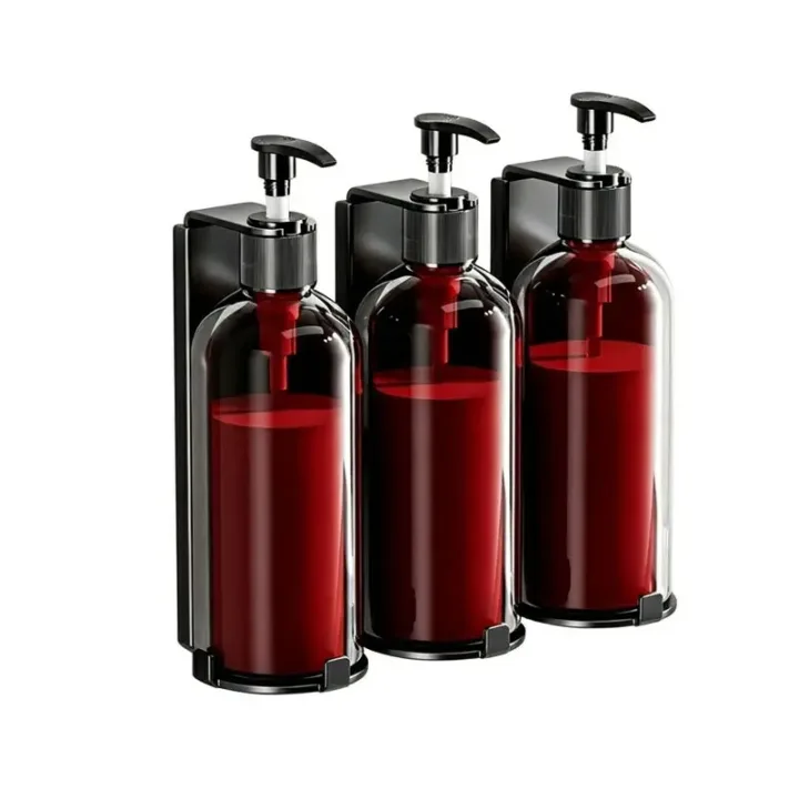 Triple Lockable Shower Dispenser Set, 300ml Refillable Shampoo and Body Wash Bottles with Anti-Theft Wall Bracket
