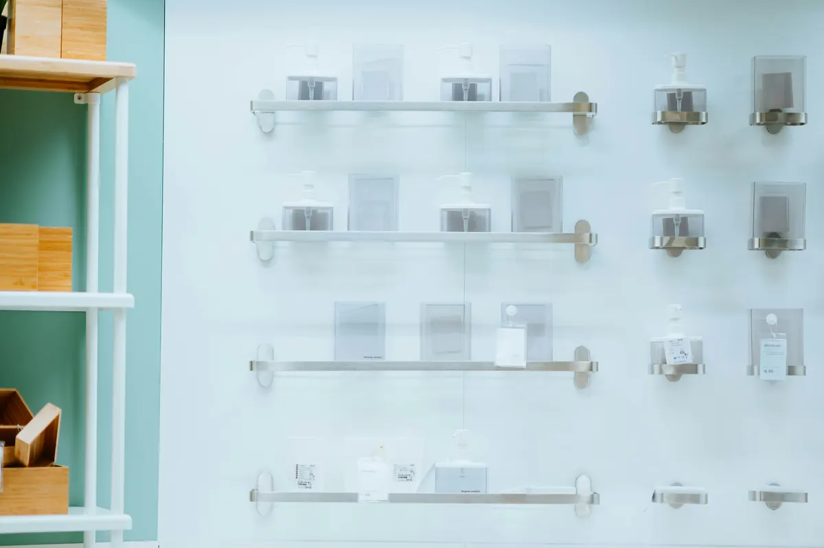 Wall display of stainless steel bathroom accessories