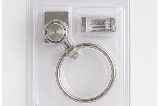 Brushed steel bathroom accessory sealed in clear blister packaging