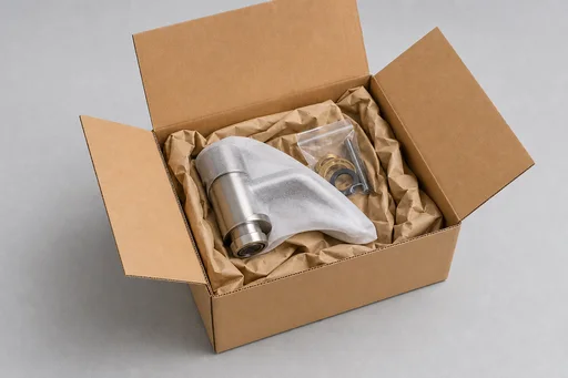 Open e-commerce shipping box with a wrapped bathroom faucet and paper cushioning