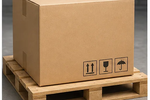 Neutral master carton with shipping symbols on a wooden pallet