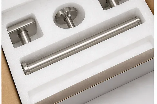 Brushed steel bathroom accessories secured in a protective foam insert